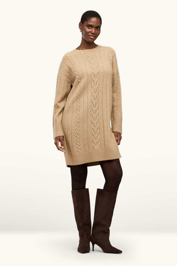 Femei - Rochie din tricot - straight fit - cu torsade - bej