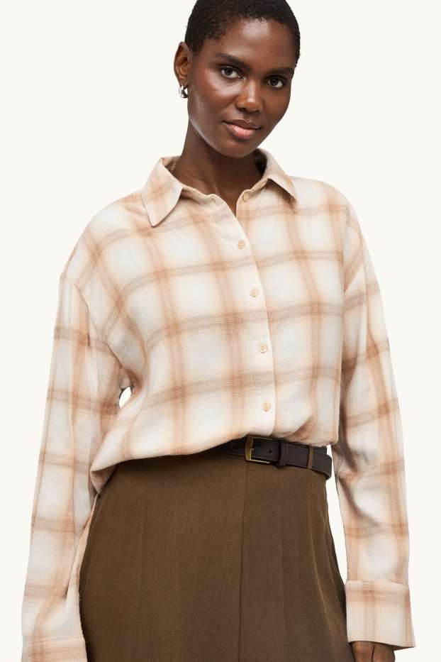 Dames - Overhemdblouse - geruit - beige / beige