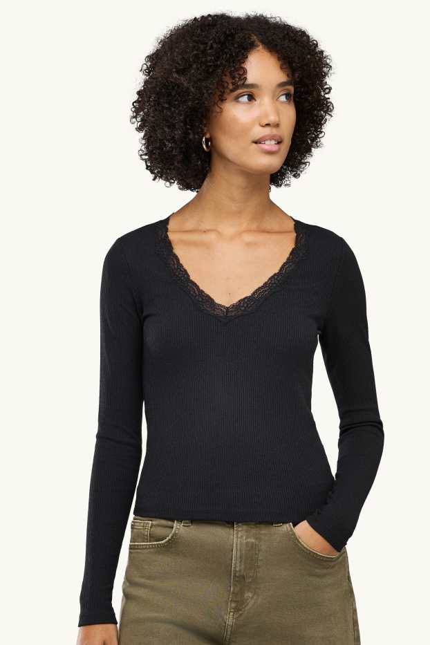 Femmes - Haut à manches longues avec encolure en V - slim fit - finition côtelée - noir