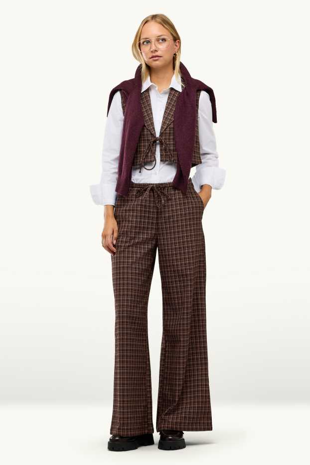 Damen - Stoffhose - Mid Waist - Wide Leg - kariert - braun