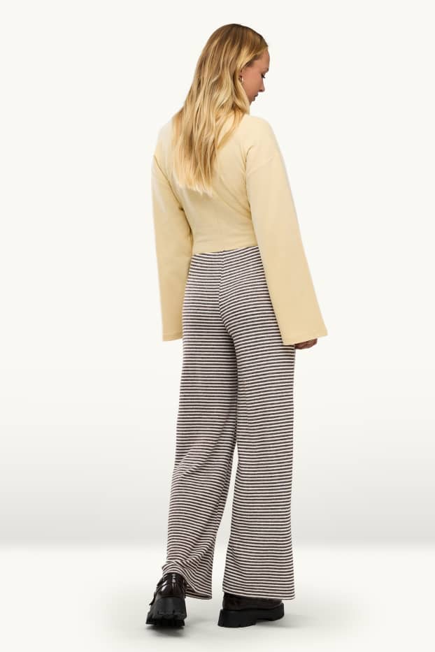Femei - Pantaloni din jerseu - talie medie - wide leg - cu dungi - maro / alb-crem
