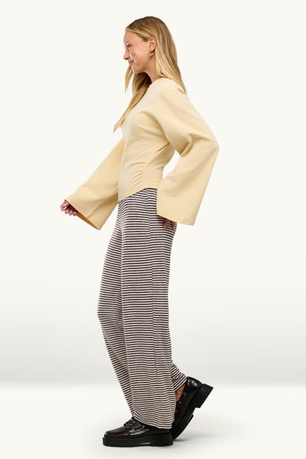 Femei - Pantaloni din jerseu - talie medie - wide leg - cu dungi - maro / alb-crem