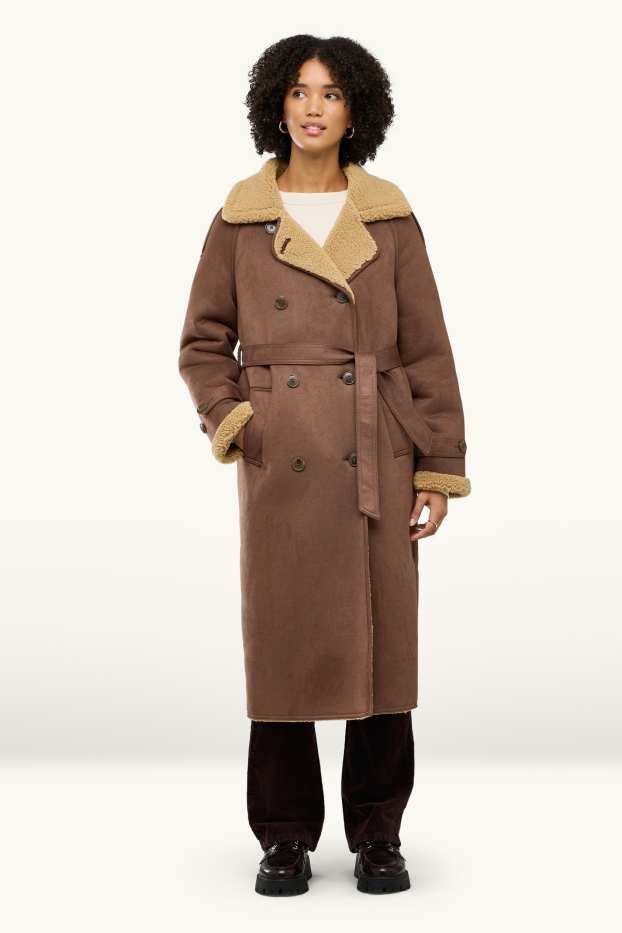 Femmes - Manteau imitation mouton - faux suède - marron