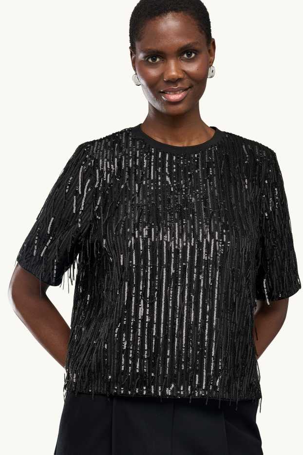 Dames - Blouse van chiffon, met pailletten - zwart