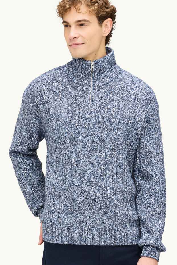 Men - Jumper - cable knit pattern - blue-melange