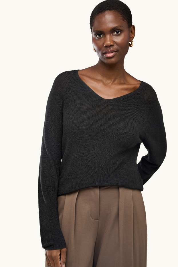 Femmes - Pull avec encolure en V - finition brillante - noir