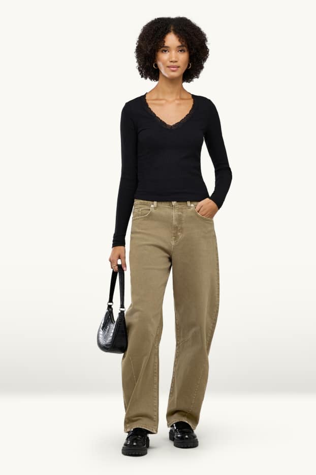 Femei - Barrel jeans - talie medie - kaki