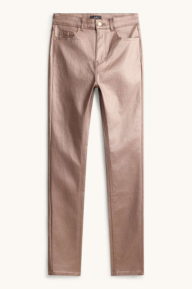 Dámské - Plátěné kalhoty - mid waist - skinny fit - imitace kůže - růžová