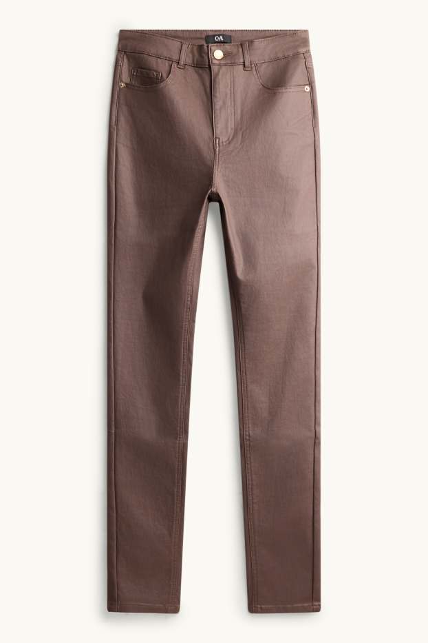 Dámské - Plátěné kalhoty - mid waist - skinny fit - imitace kůže - taupe