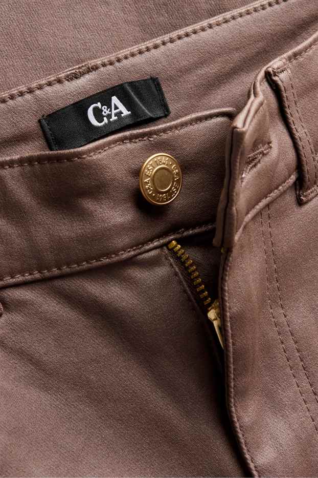 Dámské - Plátěné kalhoty - mid waist - skinny fit - imitace kůže - taupe