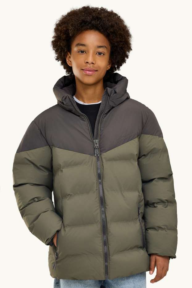 Kinder Buben - Steppjacke mit Kapuze - gefüttert - wasserabweisend - grau / dunkelgrün