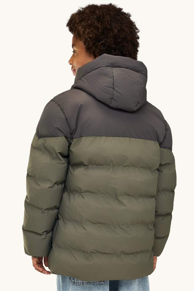 Kinder Buben - Steppjacke mit Kapuze - gefüttert - wasserabweisend - grau / dunkelgrün