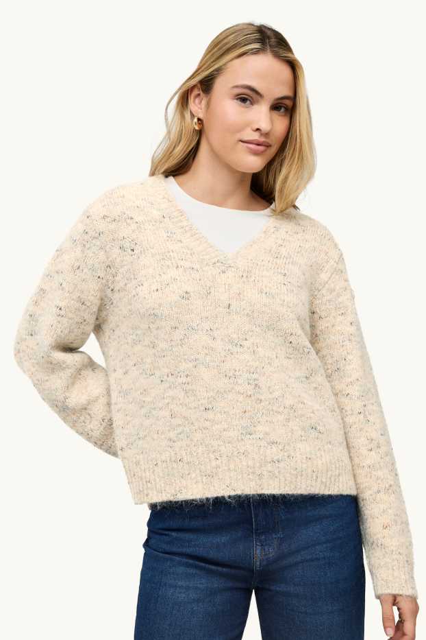 Damen - Pullover mit V-Ausschnitt - beige-melange