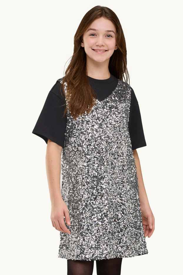 Copii - Fete - Set - tricou cu mânecă scurtă și rochie cu paiete - 2 piese - negru / argintiu