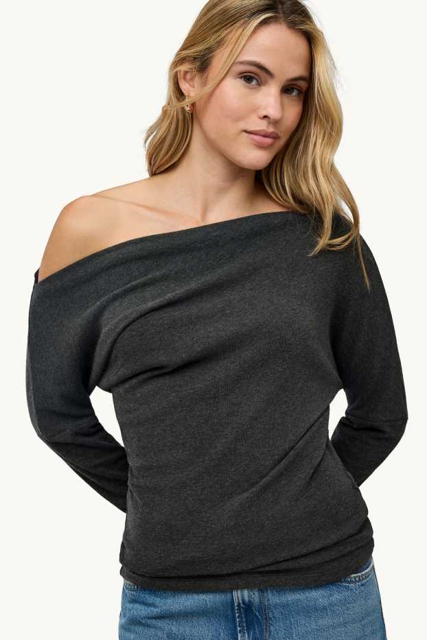 Dámské - Tričko s dlouhým rukávem - slim fit - tmavě šedý melír