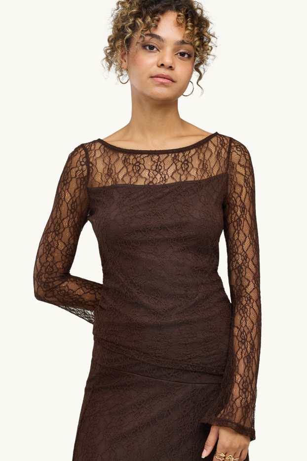 Dámské - Krajkové tričko s dlouhým rukávem - slim fit - tmavohnědá