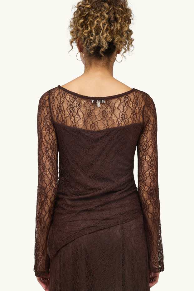 Dámské - Krajkové tričko s dlouhým rukávem - slim fit - tmavohnědá