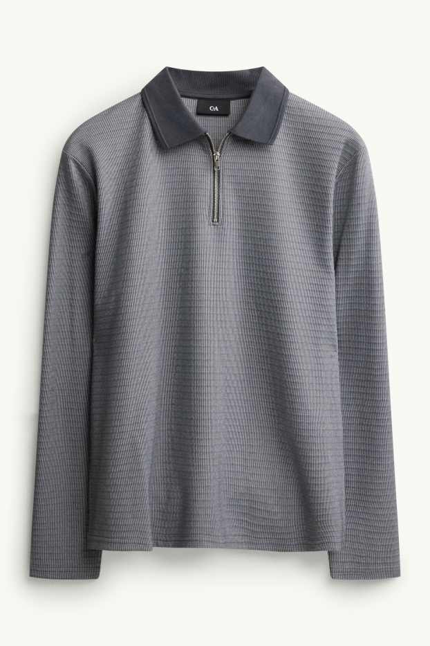Bărbați - Tricou polo cu mânecă lungă - regular fit - reiat - gri închis melanj