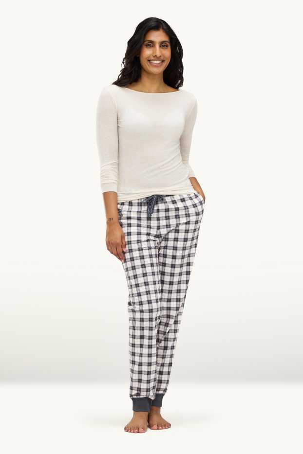 Women - Fleece pyjama bottoms - check - dark blue / creme white
