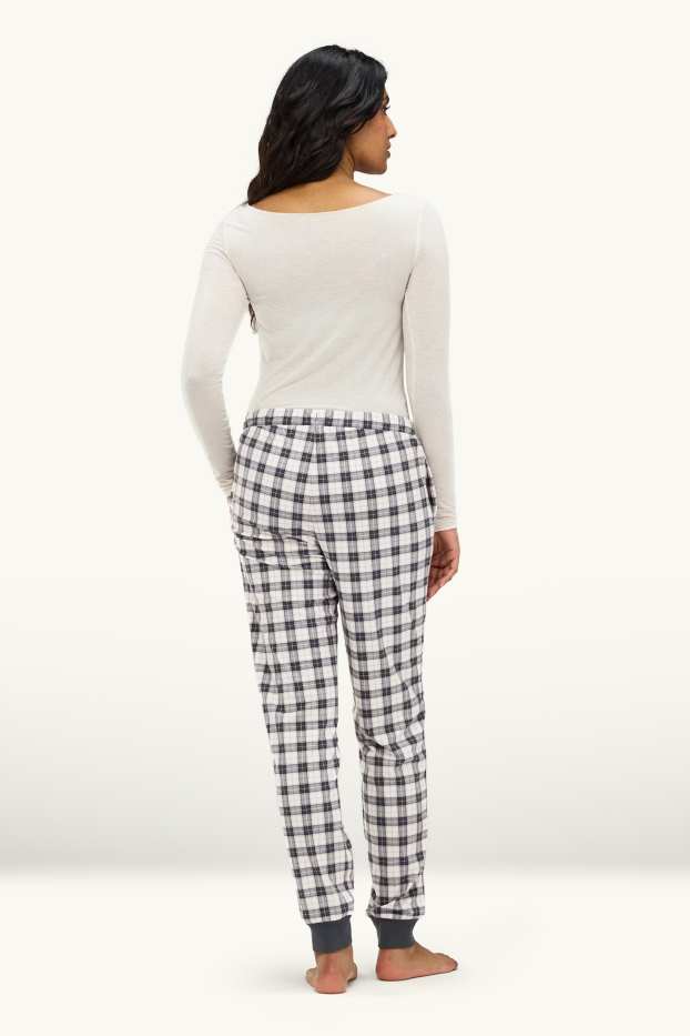 Women - Fleece pyjama bottoms - check - dark blue / creme white