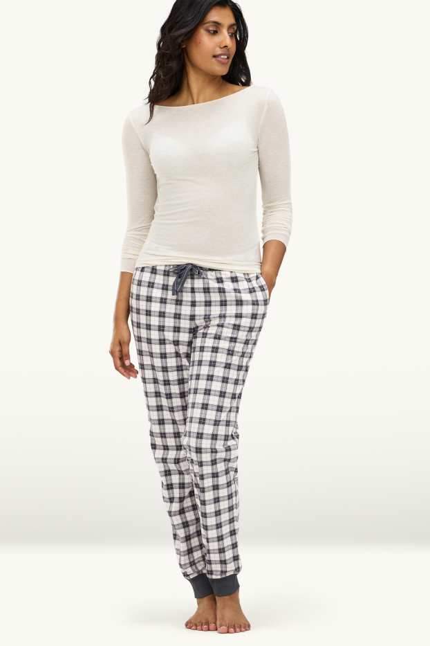 Women - Fleece pyjama bottoms - check - dark blue / creme white