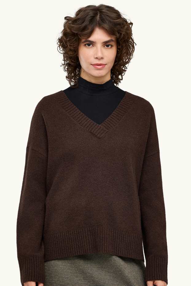 Damen - Pullover mit V-Ausschnitt - dunkelbraun