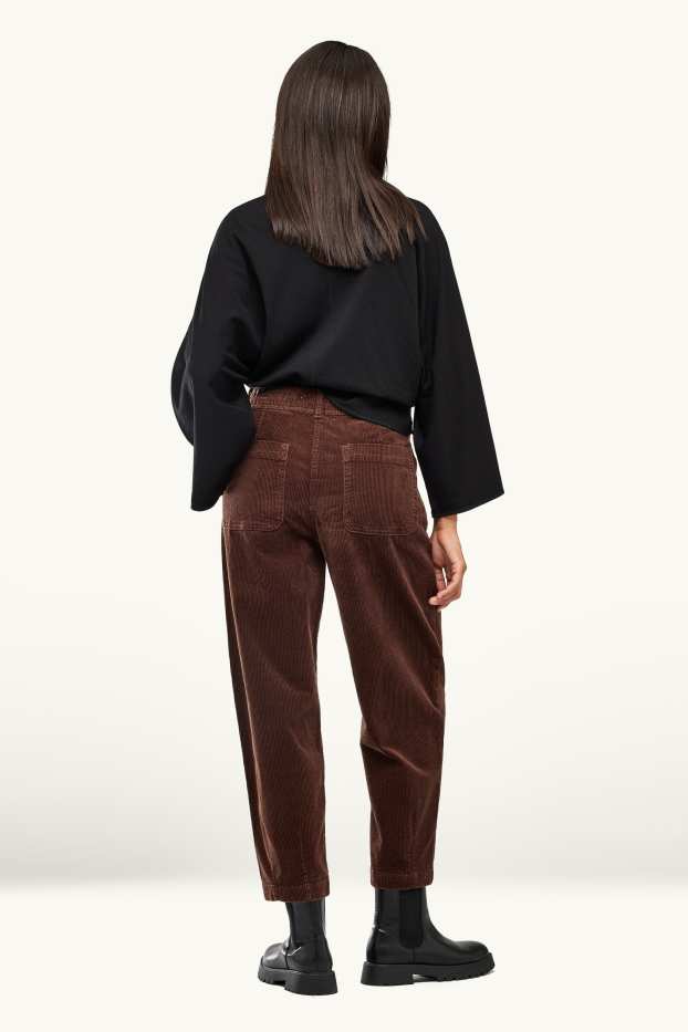 Femmes - Pantalon en velours côtelé - high waist - barrel leg - LYCRA ® - marron foncé