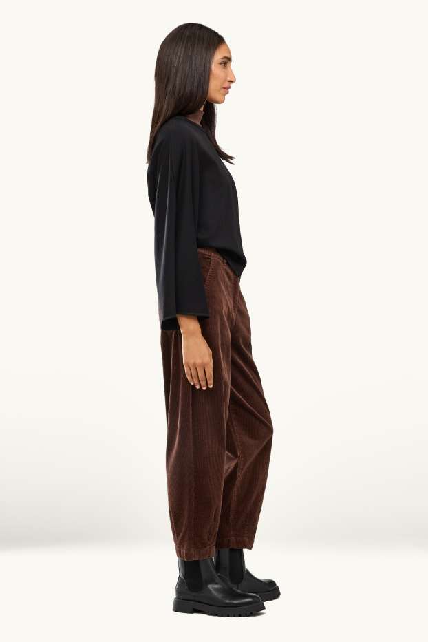 Femmes - Pantalon en velours côtelé - high waist - barrel leg - LYCRA ® - marron foncé