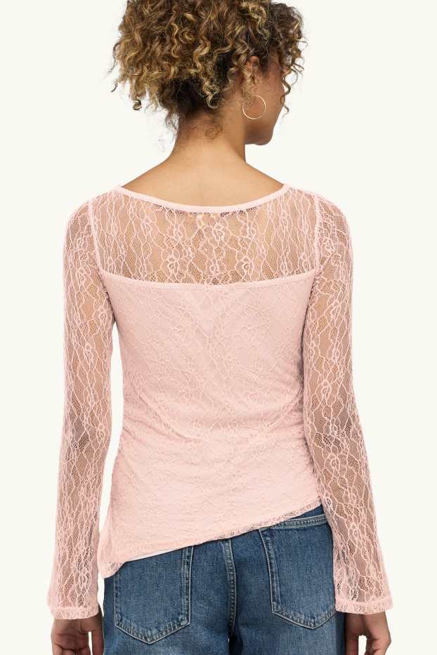 Femei - Tricou cu mânecă lungă din dantelă - slim fit - roz pal