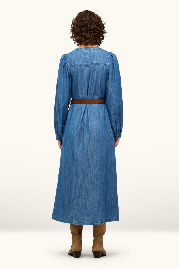 Women - Denim dress with belt - blue