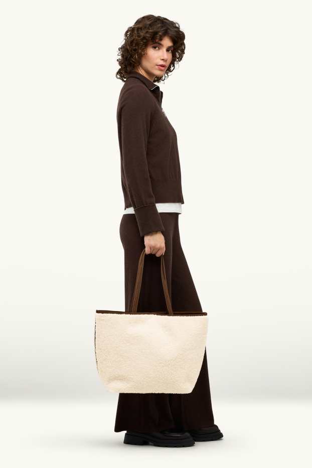 Damen - Großer Teddy-Shopper - Velourslederimitat - beige / braun