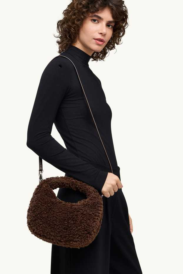 Donna - Borsa a tracolla in pelo teddy con spallaccio staccabile - marrone