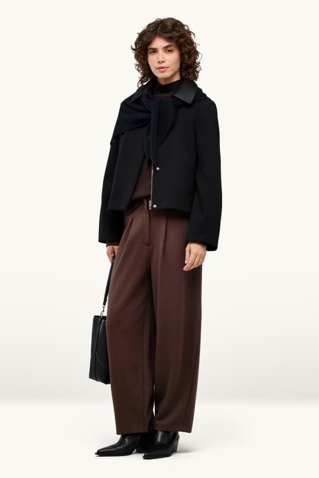 Women - Jersey trousers - mid-rise waist - barrel leg - dark brown