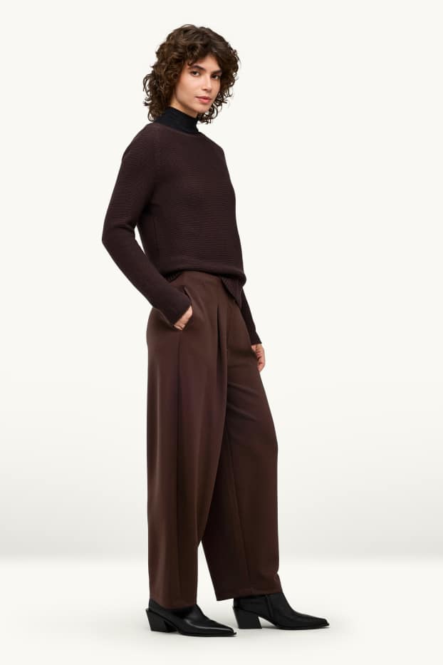 Women - Jersey trousers - mid-rise waist - barrel leg - dark brown