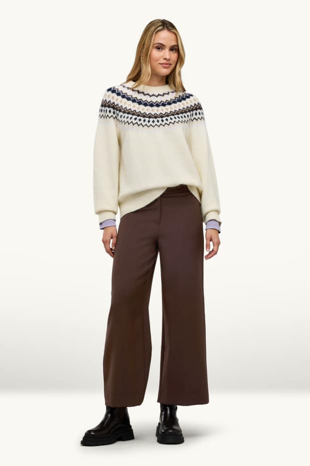 Femei - Pantaloni de stofă - talie medie - wide leg - maro închis