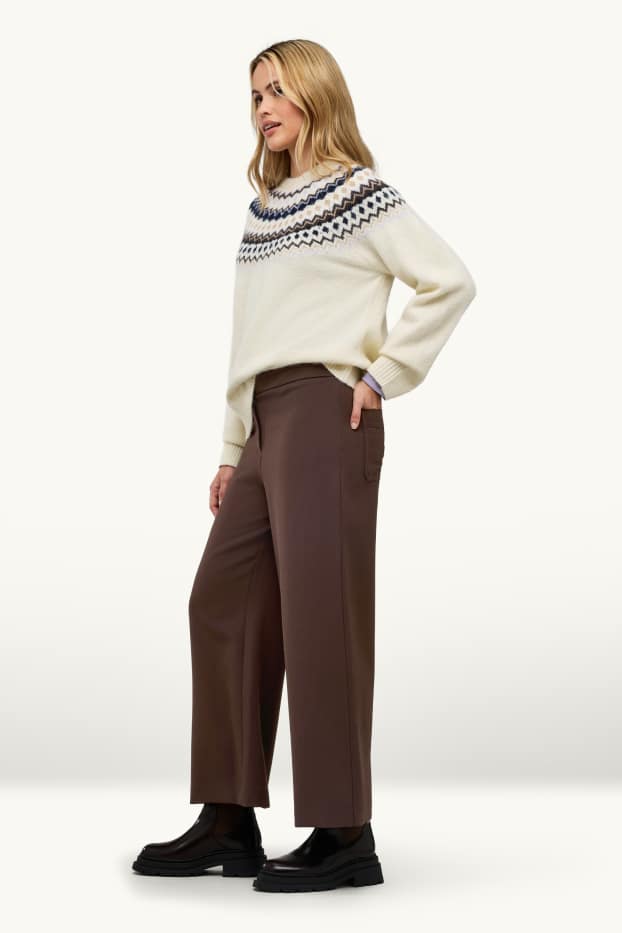 Femei - Pantaloni de stofă - talie medie - wide leg - maro închis