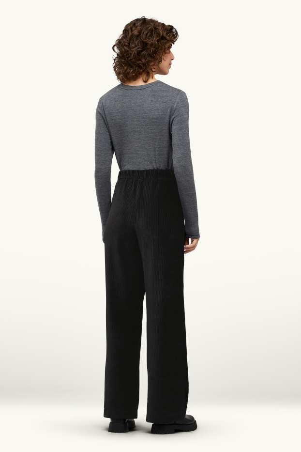 Dames - Broek van corduroy - high waist - wide leg - zwart