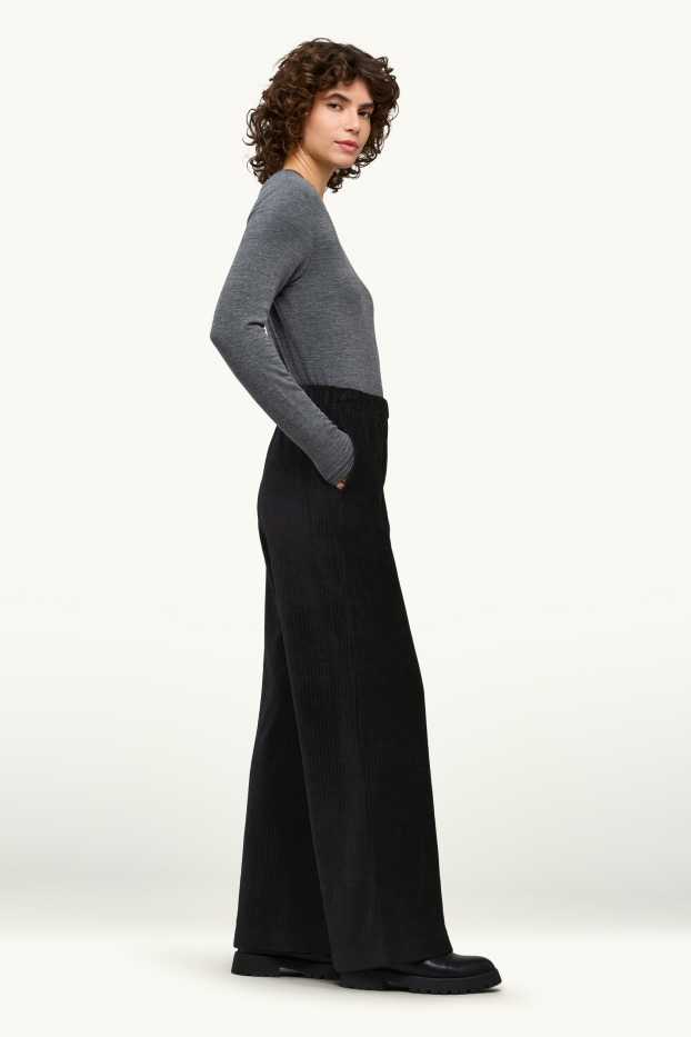 Dames - Broek van corduroy - high waist - wide leg - zwart