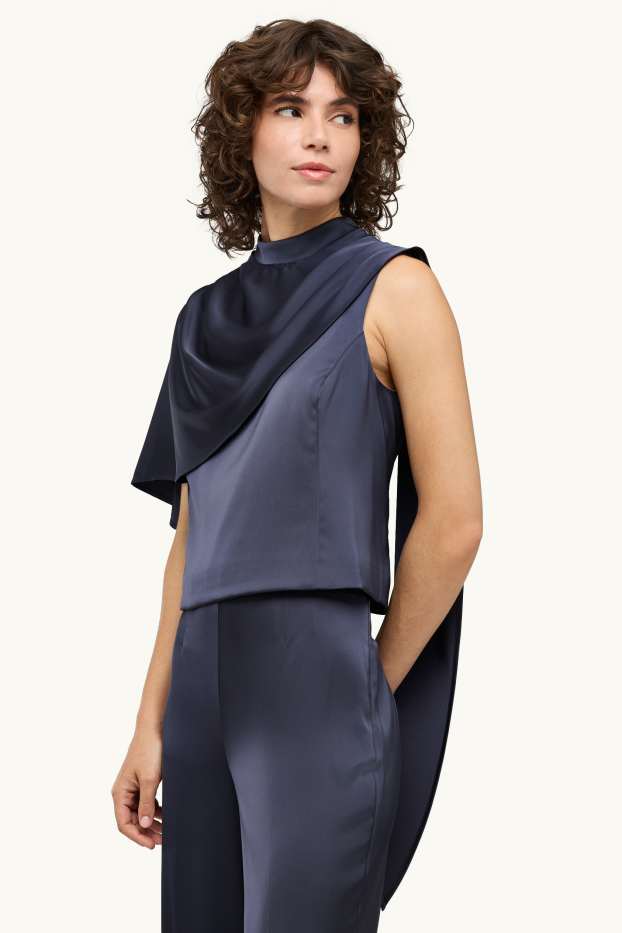 Dames - Satijnen blouse - donkerblauw