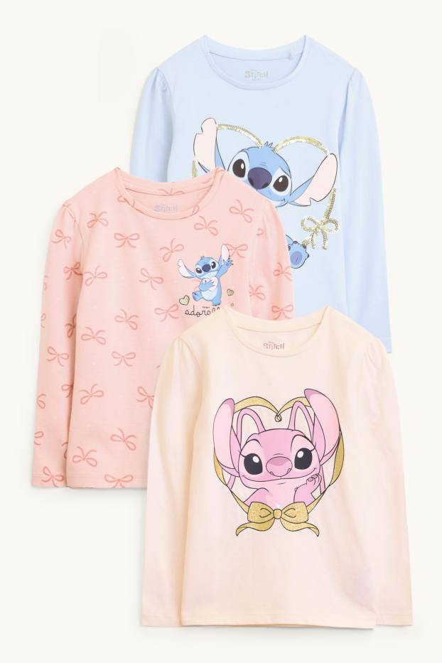 Děti - dívky - Multipack 3 ks - Lilo & Stitch - tričko s dlouhým rukávem - modrá/růžová
