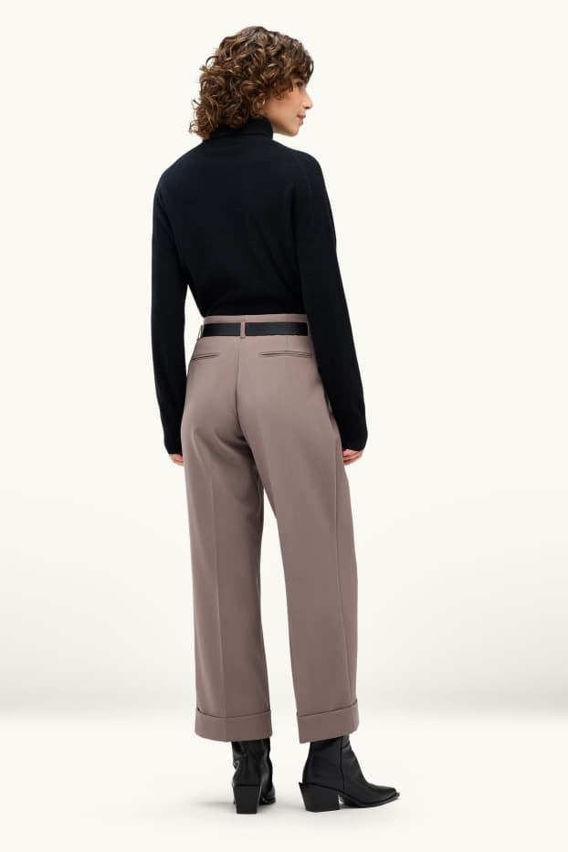 Women - Cloth trousers with belt - high waist - wide leg - taupe