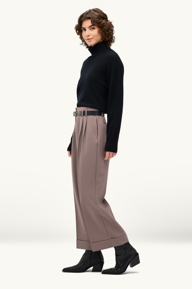 Women - Cloth trousers with belt - high waist - wide leg - taupe