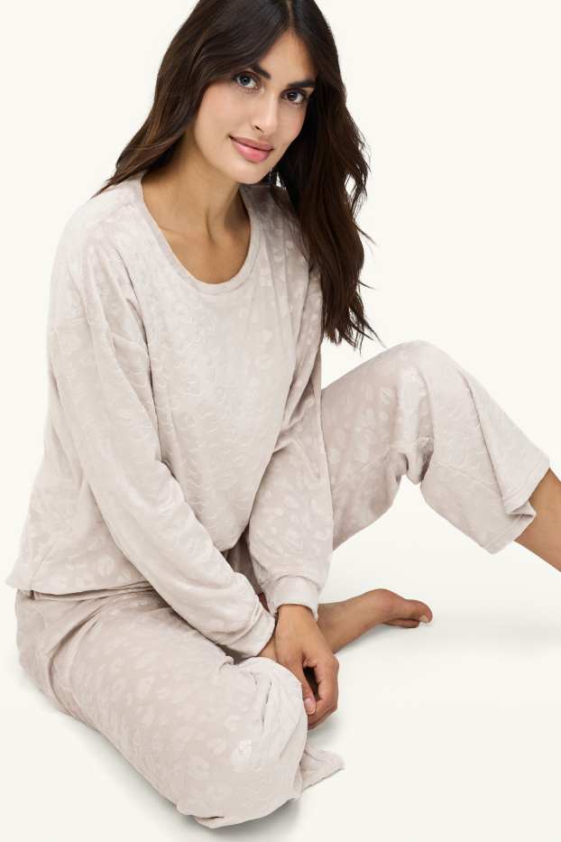 Femei - Pijama de fleece - imprimeu de leopard - bej
