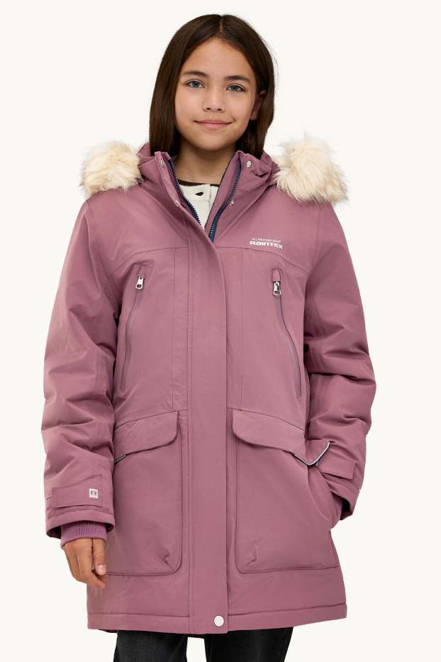 Children Girls - Rain jacket with hood and faux fur collar - waterproof - dark rose