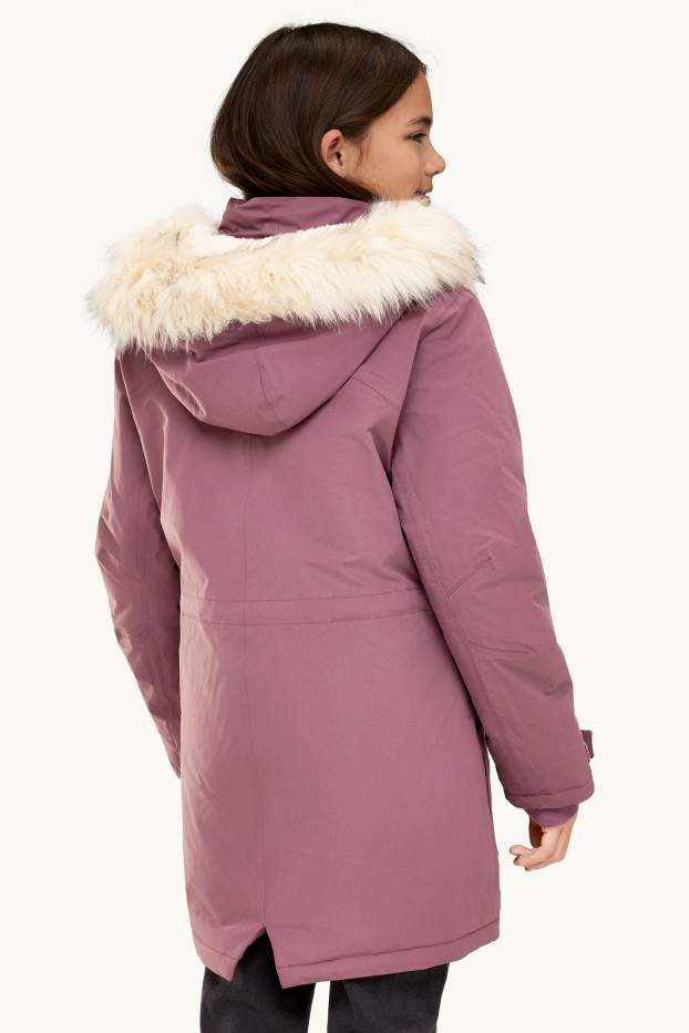 Children Girls - Rain jacket with hood and faux fur collar - waterproof - dark rose