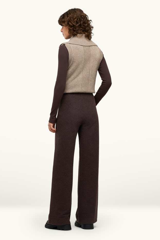 Donna - Pantaloni bouclé - vita alta - gamba ampia - marrone scuro