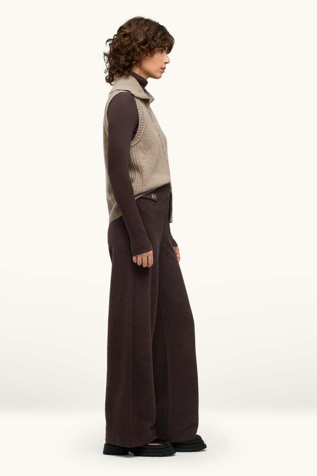 Donna - Pantaloni bouclé - vita alta - gamba ampia - marrone scuro