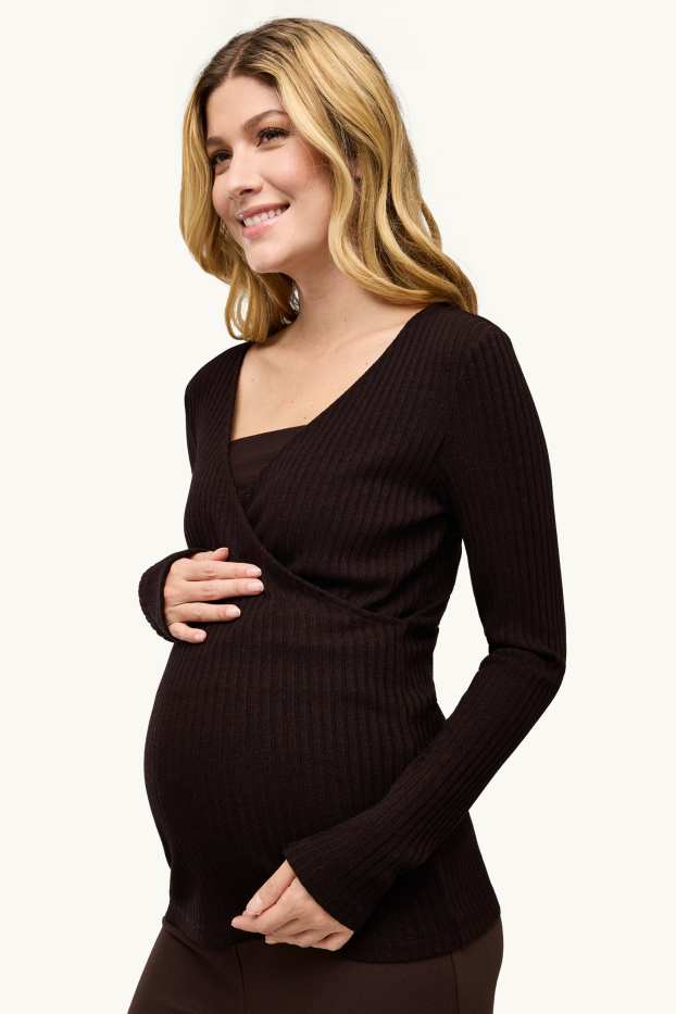 Women - Long sleeve nursing top - regular fit - ribbed - dark brown