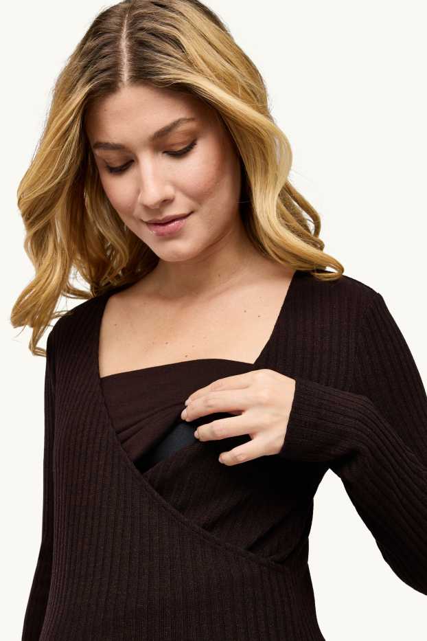 Women - Long sleeve nursing top - regular fit - ribbed - dark brown