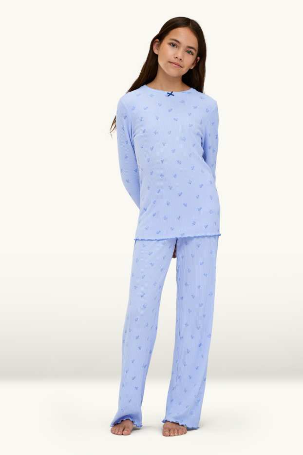 Copii - Fete - Floare - pijama - reiat - 2 piese - albastru deschis